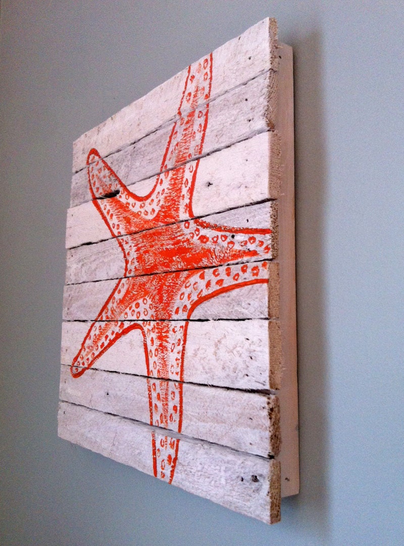 Hurricane Sandy Relief - Orange painted starfish 12x12 - reclaimed wood from Sandy homes