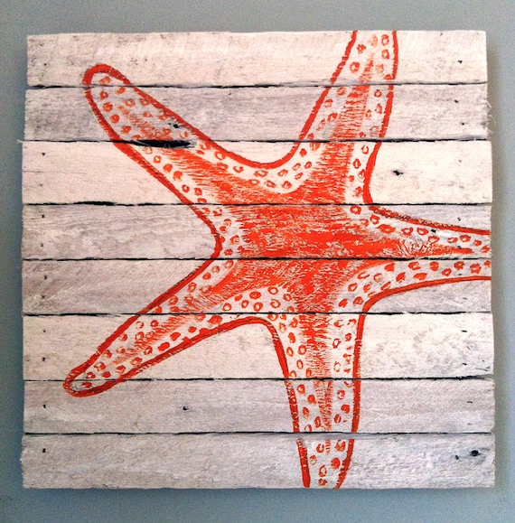 Hurricane Sandy Relief - Orange painted starfish 12x12 - reclaimed wood from Sandy homes
