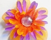 Silk Flower Magnet:  Purple and orange 3 dimensional flower with stripe center