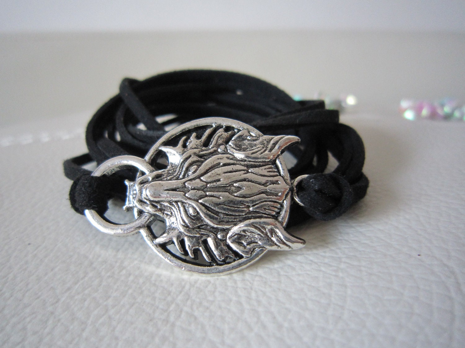Cool black  wrap bracelet,  wolf - elf1913