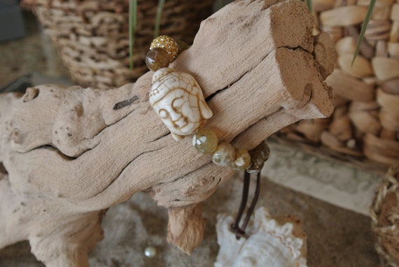 Buddha bracelet with gold and crystal pave bead, semi precious agate beads and leather cord