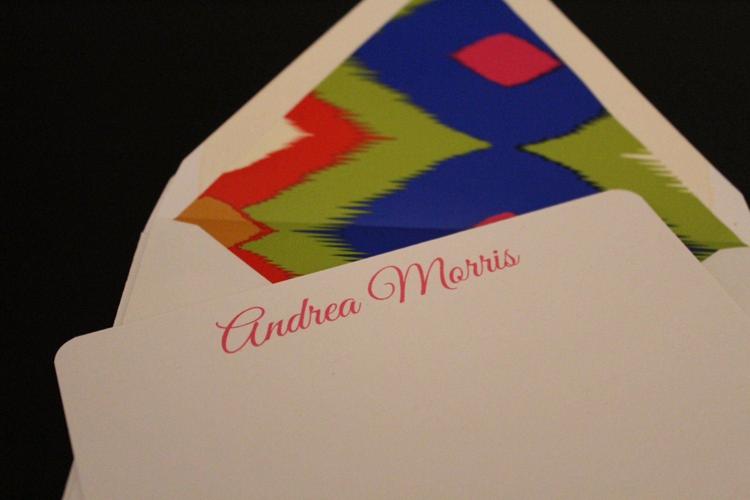 Personalized Stationery Flat Note Card Set with Ikat Design Lined Envelopes