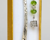 Silver Metal Handmade Bookmark with Green Beads and Hanging Rhinestone Ornament - Elegance