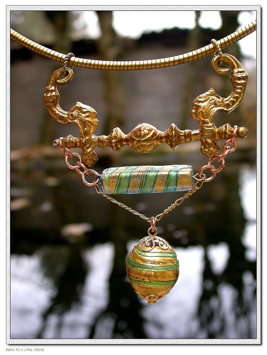 One of kind necklace antique 19th century gilt solid bronze vintage murano beads necklace gold leaf green blue glass beads hand forged