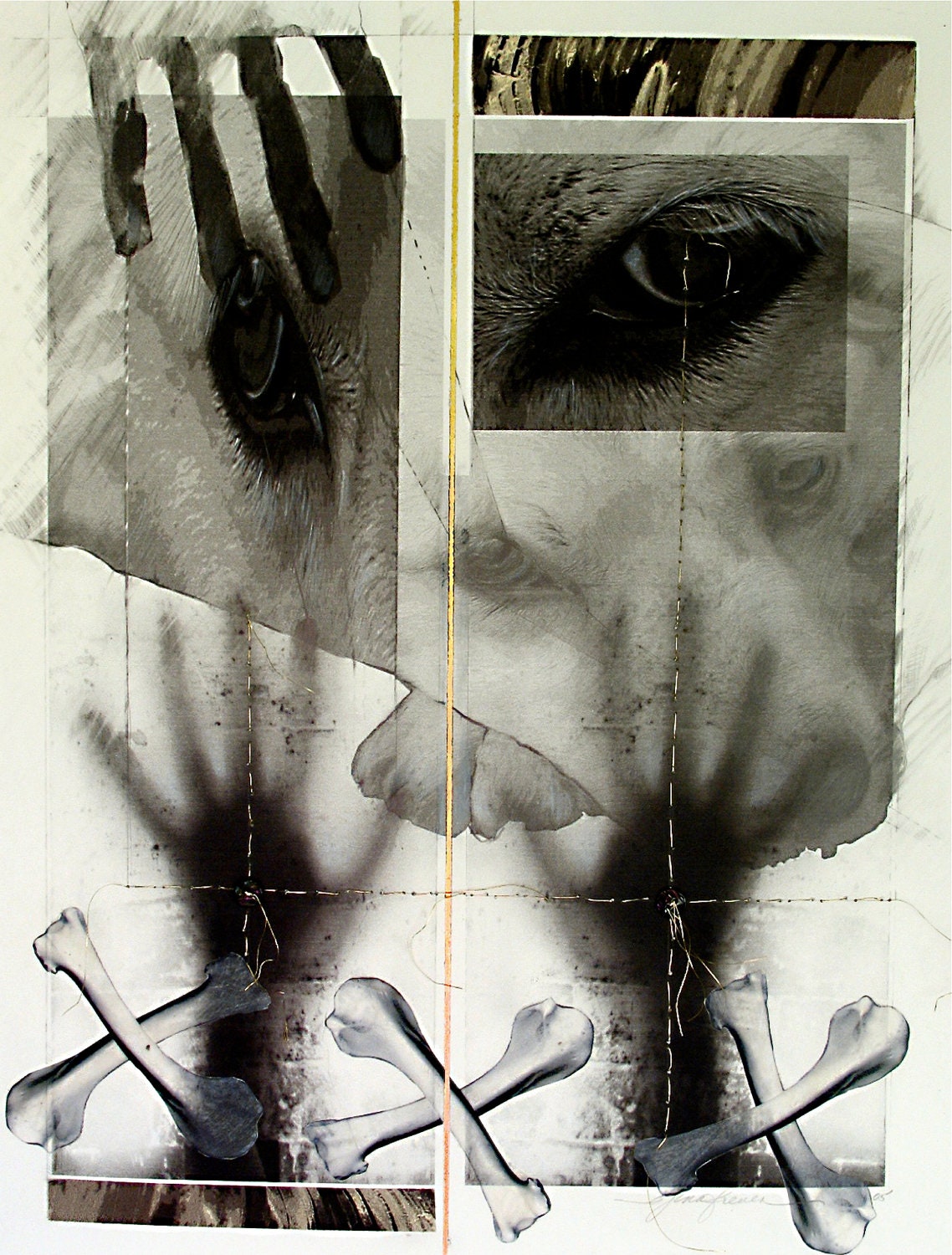 Chicken Bones 1, Mixed Media Drawing and Collage