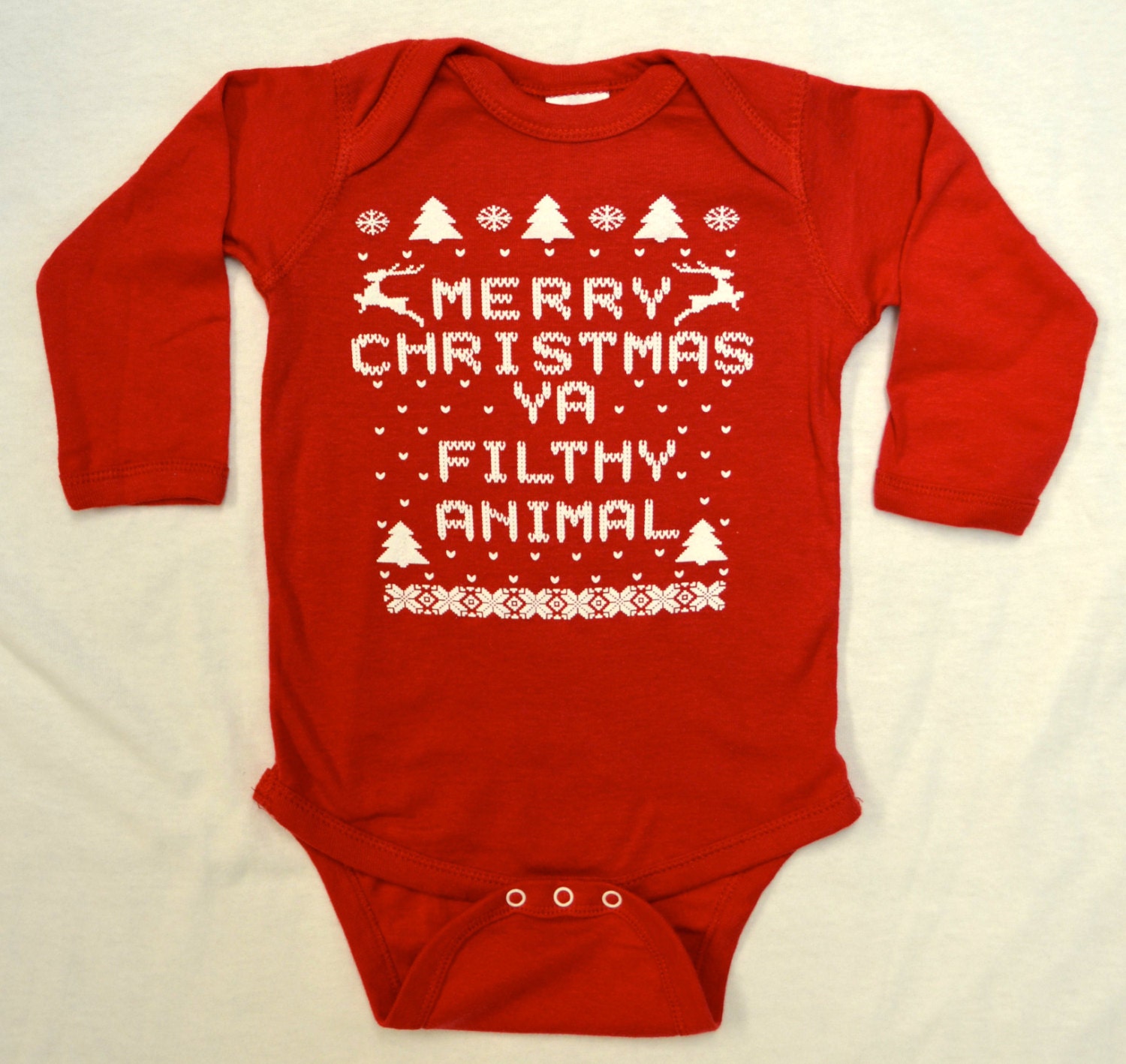 Baby Long Sleeve Onesie (Bodysuit): RED Merry Christmas Ya Filthy Animal Ugly Sweater Contest All Sizes Newborn-6 mth-12 mth-18 mth