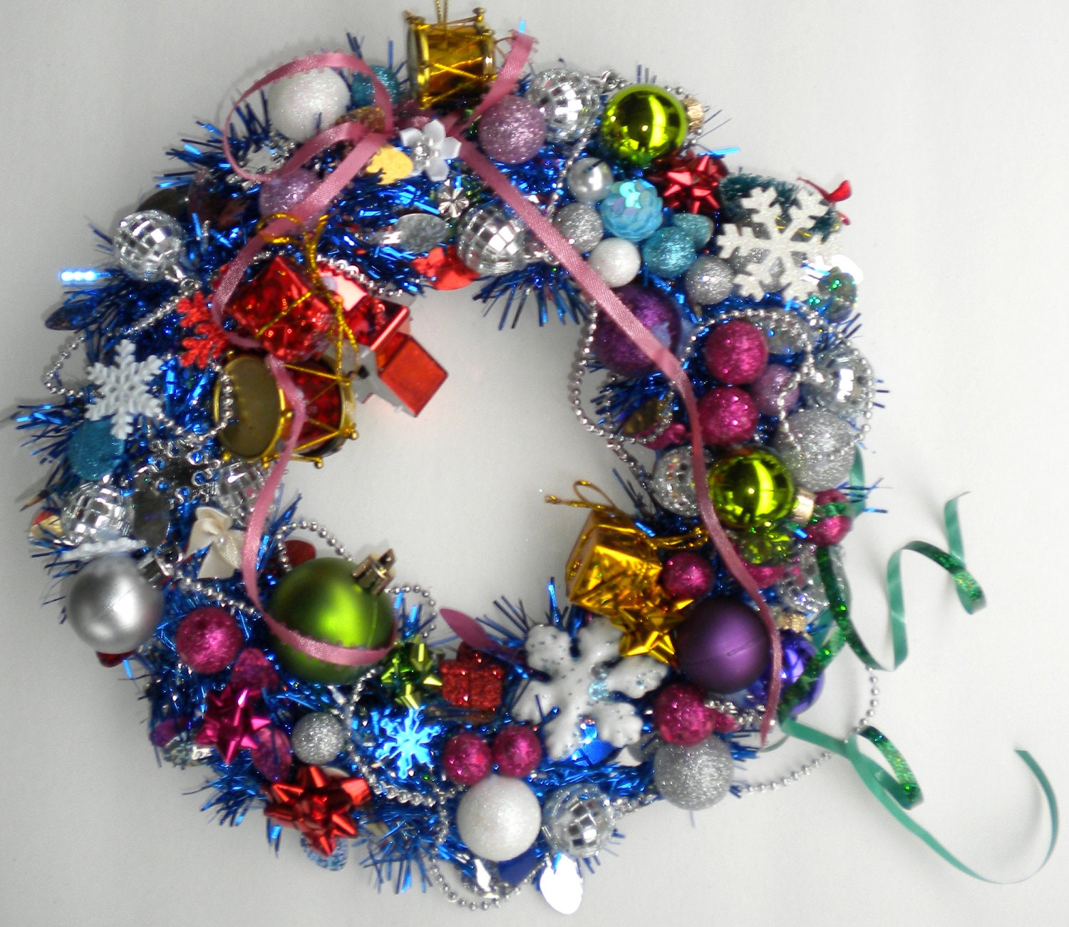 Balroom Blitz" Blue, Purple & Silver 10 inch Tinsel Garland Wreath with Massive Amounts of Amazing Decorations.