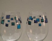 Hand painted retro design wine glasses - pair