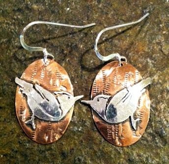 sterling silver and copper bird earrings - RollingPrairieJewels