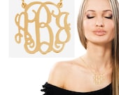 Monogram Necklace 1 1/2 '' Inch 18k Yellow Gold Plated On Brass 3 Initials Personalized 3 Letters Monogrammed Pendant  2 Loops