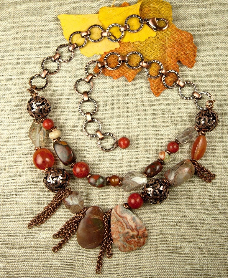 Chunk Unique Stone Chain Red Metal Necklace, Semi Precious Stone, Brown Copper, Two-Strand Necklace