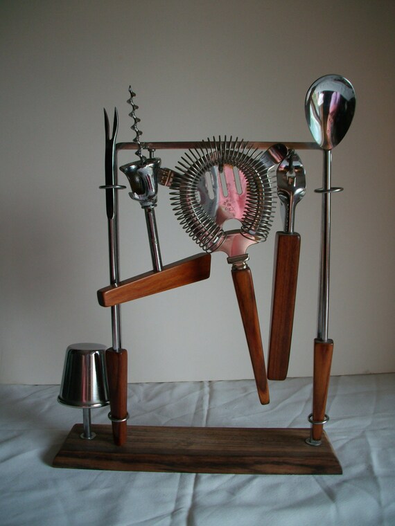 Vintage Wood and Chrome Bartender Tool Set by YardSaleRescues