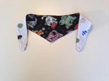 Tie-on Dog Bandana in Woof Yap Dogs on Black & Multi-color Blobs on White - XSmall or Small