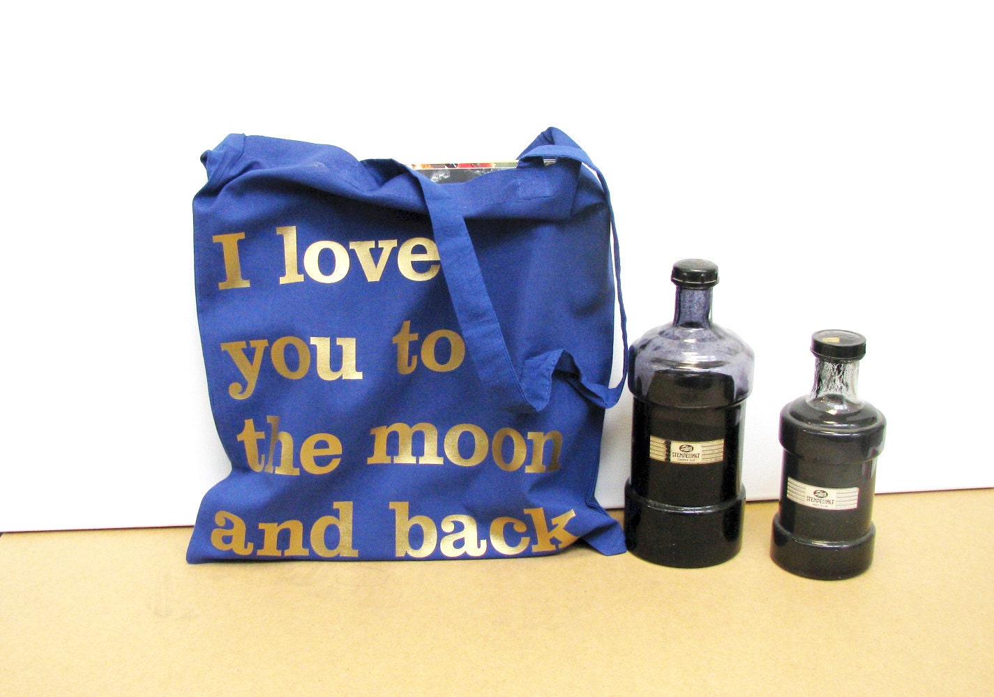 I love you to the moon cotton grocery bag - Valentines gift - reusable blue shopping bag - gold print - constarlation