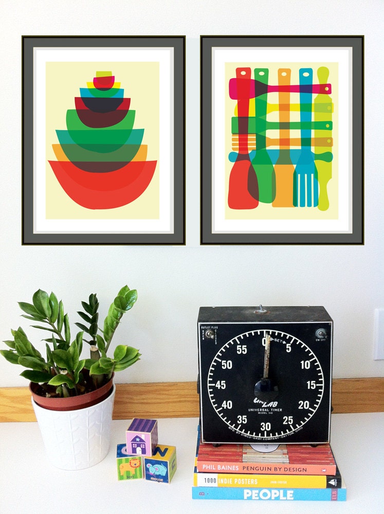 Small Giclee Mid Century Style Kitchen Art Print Set - Bowl and Utensil Stack Mid Century Modern Art Prints