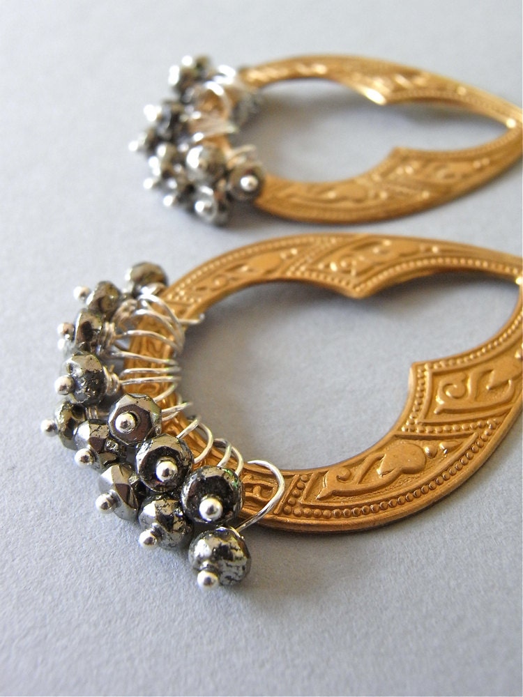 Earrings - sterling silver, vintage brass, pyrite - Agra