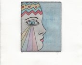 Etching original hand-pulled print with watercolor
