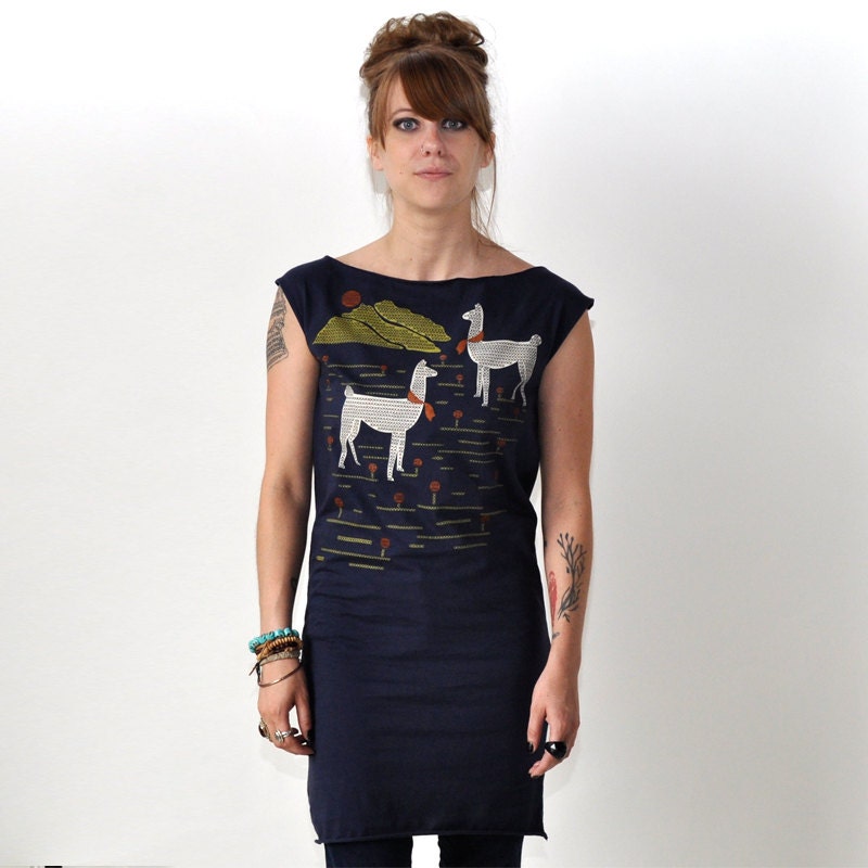 SALE Llamas, T-Shirt Tunic, Hand Screen Printed by Maryink