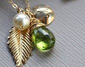 Personalized Birthstone Necklace, Gold Leaf Charm, Initial Charm, Pearl, Peridot, Wire wrapped, Faceted Gemstone, Monogram Necklace, Gold