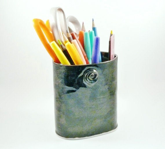 Desk organizer Dark blue handmade office accessory Ready2Ship  pencil holder / toothbrush holder / hostess, boss or coworker gift