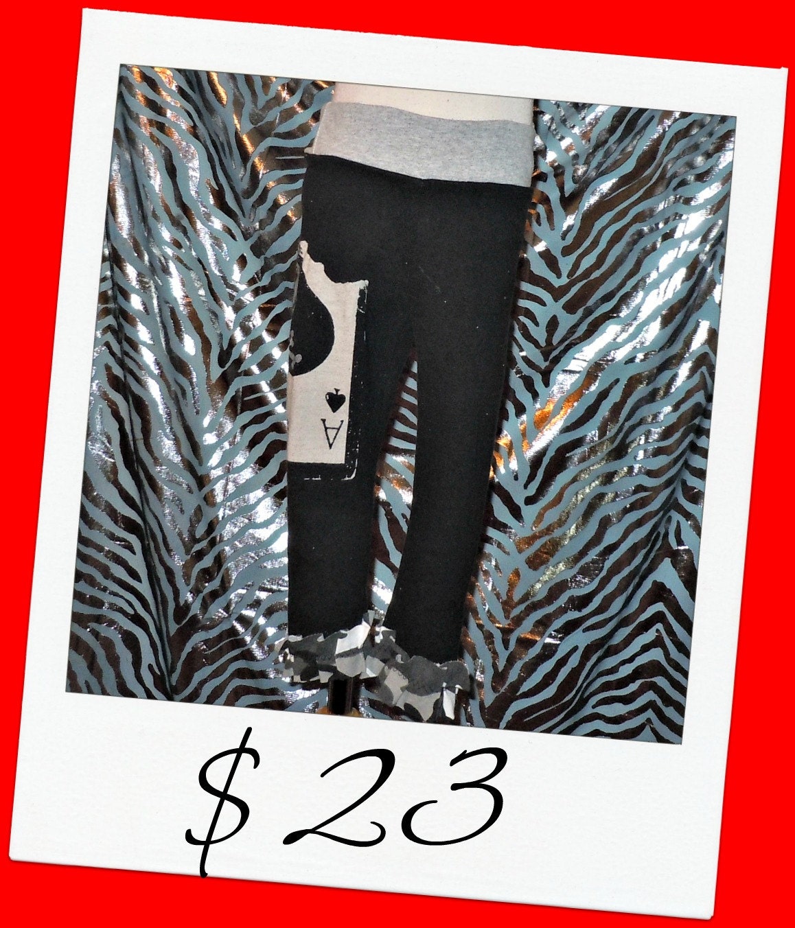 Girls Black Leggings Fender Guitar Leggings Size 5/6 Ace Skull Crossbone