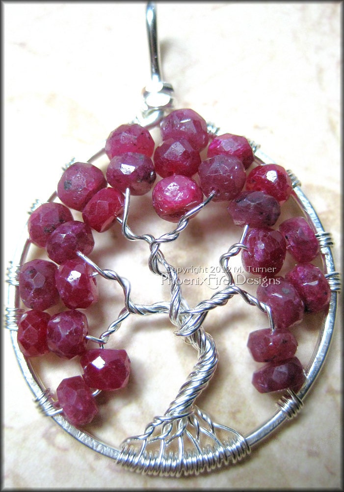 July Tree - Tree of Life Pendant Genuine Precious Ruby Gemstone Wire Wrapped Sterling Silver Red Gem Birthstone Birthday