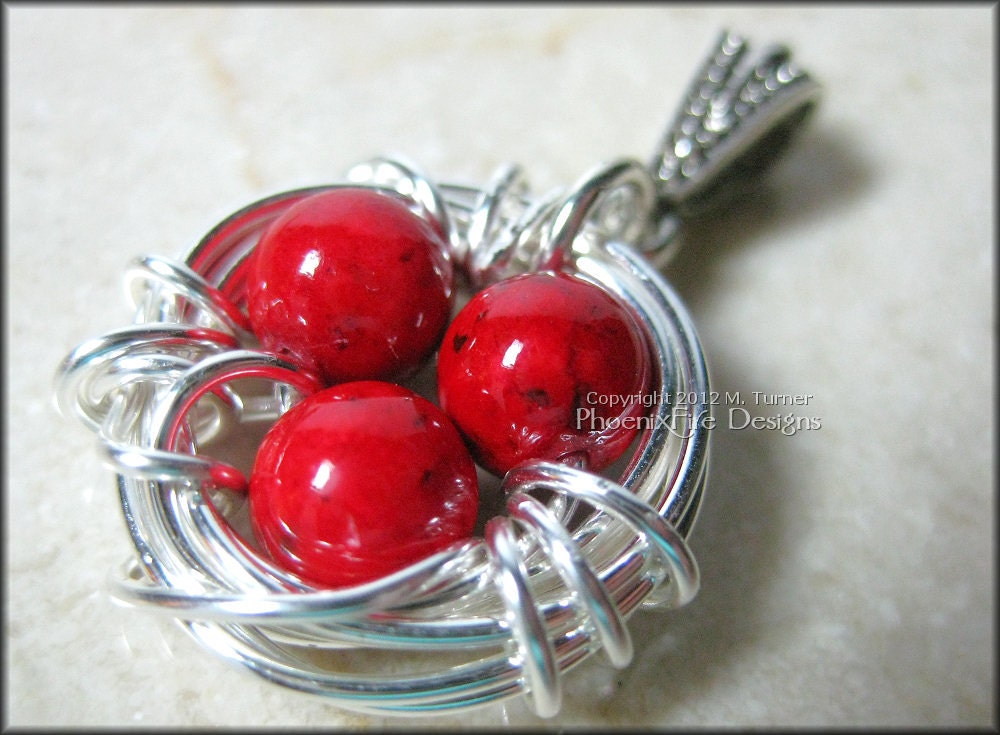 Bird Nest Pendant with Ruby Red Coral Eggs in Sterling Silver Wire Wrapped Mother's Day Mom Mum