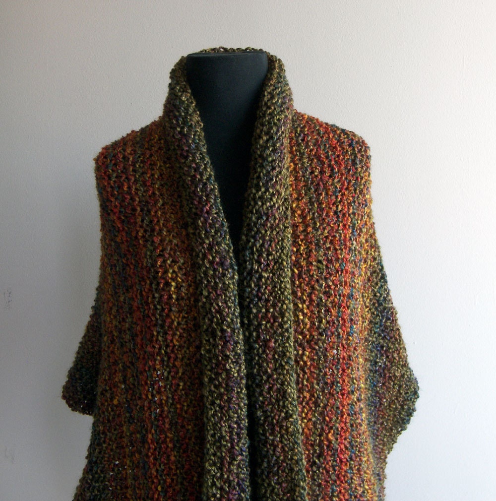 Custom Bright Autumn Hand Knit Prayer Meditation Comfort Shawl, Wrap, Olive, Rust, Gold, Vegan, Batwing Style, FREE SHIPPING