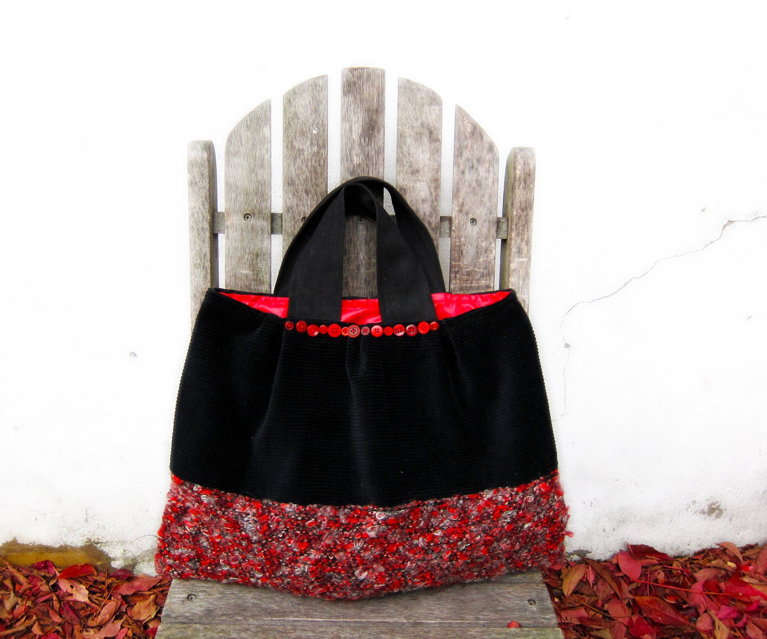 Wool bag vintage fabric tote black corduroy red grey large purse buttons memake handmade fashion handbag
