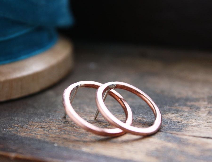 copper circle earrings, sterling silver posts, hoop ring round everyday jewelry