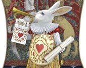 Cushion pillow with gilded cotton and digital print on cotton. The White Rabbit Herald by Baba Studio.