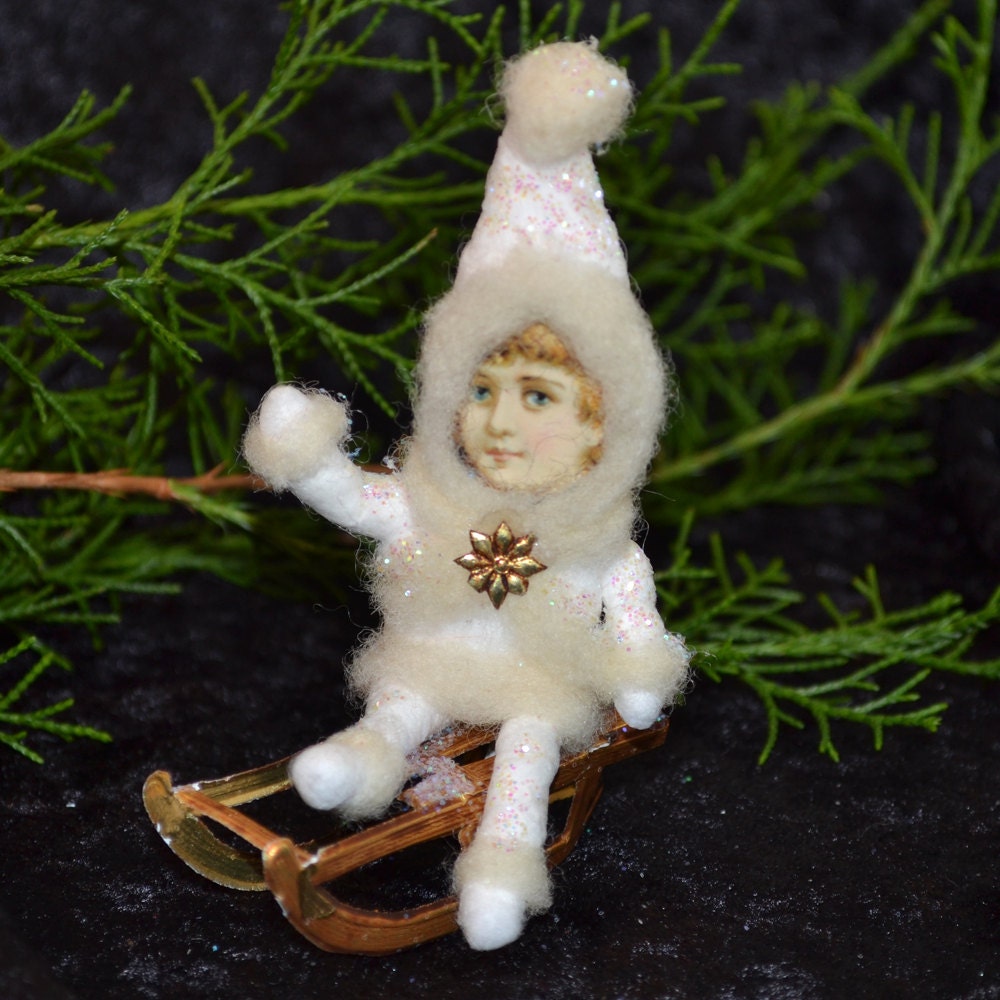 Spun Cotton Snow Girl on Sled Victorian Inspired OOAK White Christmas Folk Art Ornament Vintage Craft