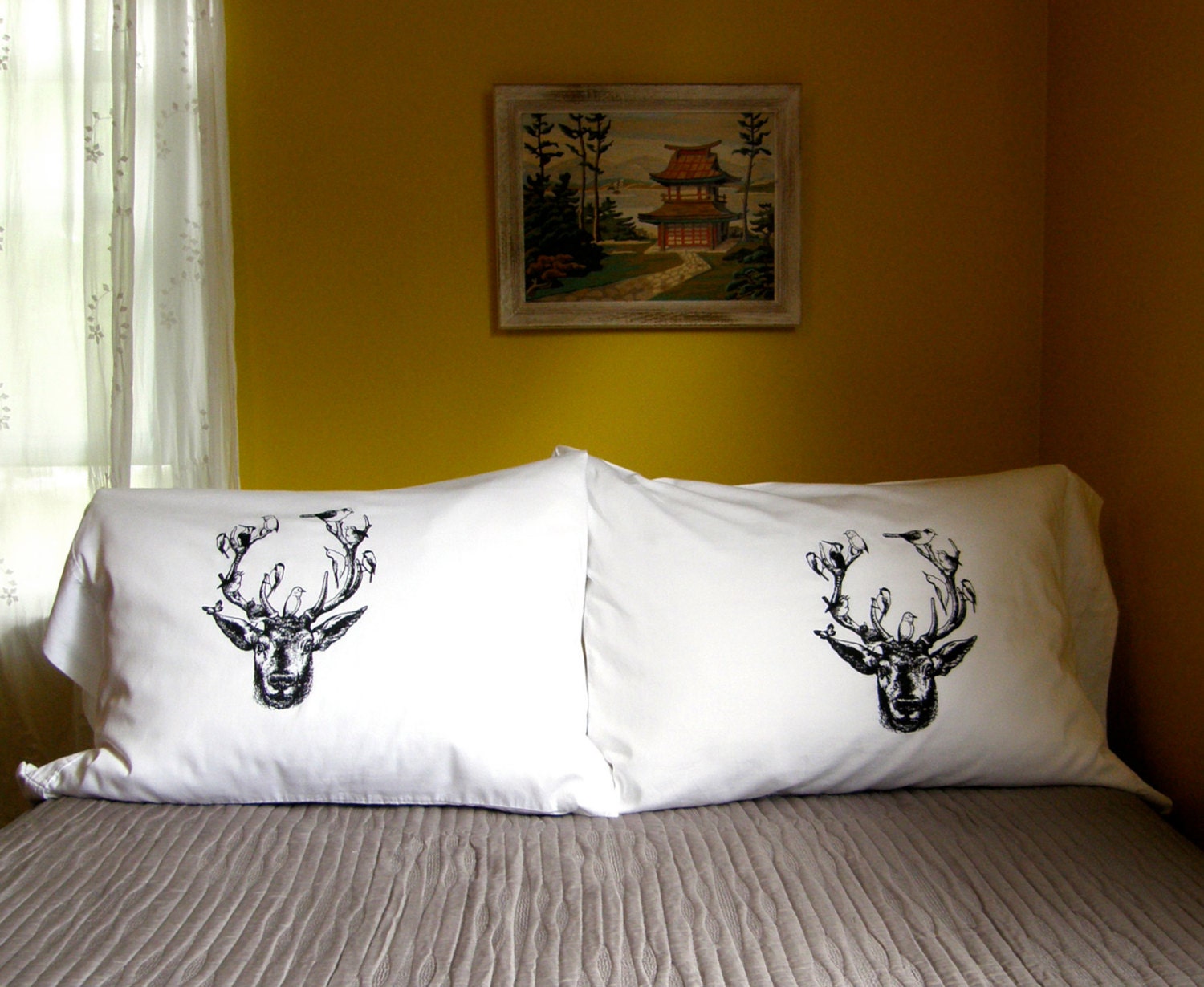 His and Hers, Deer with Birds Standard Pillow Case Set--Soft White Cotton--220TC-Hand Printed-Rustic Cabin Decor