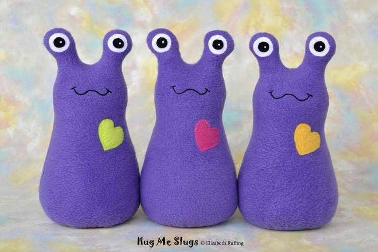 Handmade Slug, Stuffed Animal Plush Doll Art Toy, Hug Me Slug, Personalized Tag, Purple Fleece, You Choose Heart Color, 12 inch, Custom-made