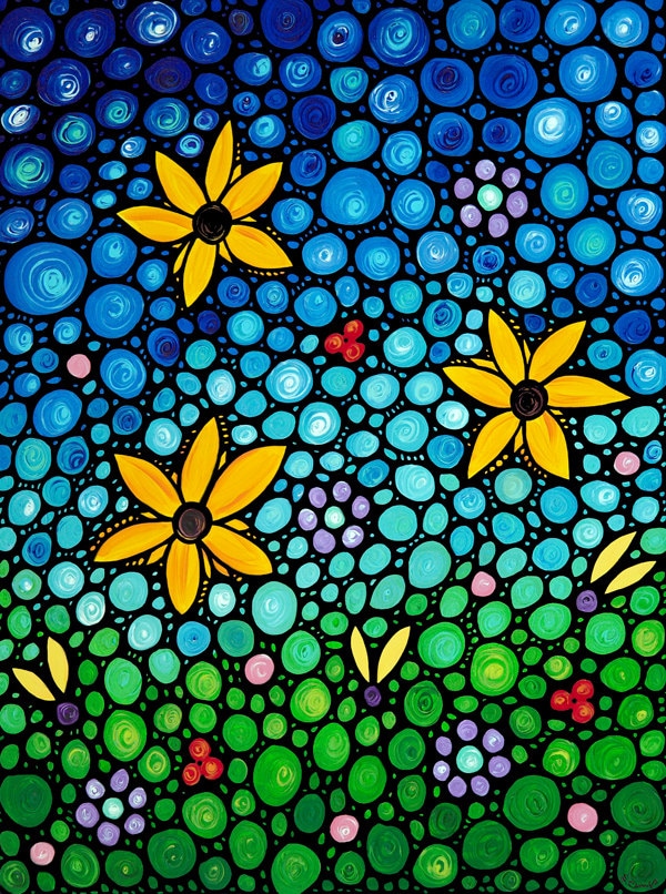 Colorful Print From Painting Art Floral Contemporary Yellow Flowers Flower Garden Blue Sky Mosaic - GICLEE PRINT