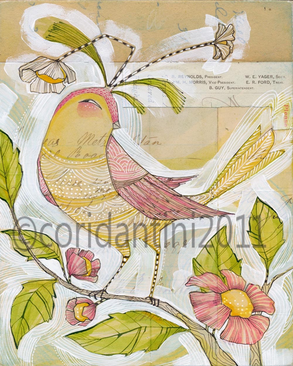 whimsical watercolor painting of a yellow bird - 8 x 10 - limited edition archival print by cori dantini - child decor