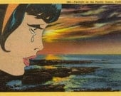 Mixed Media Original Paper Collage Art Postcard Ocean Beach Sunset Twilight