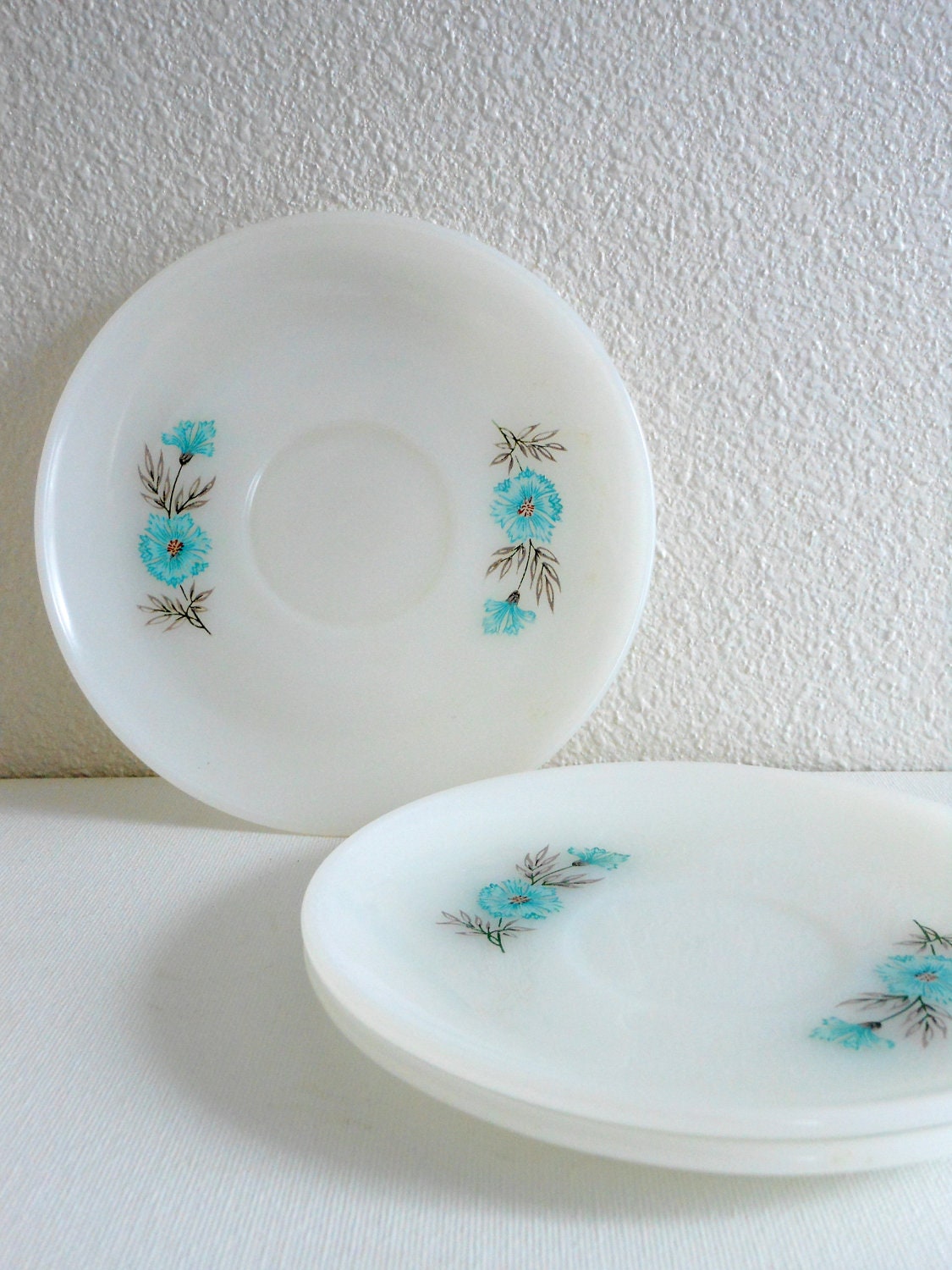 3 Vintage Fire King Bonnie Blue Milk Glass Saucers