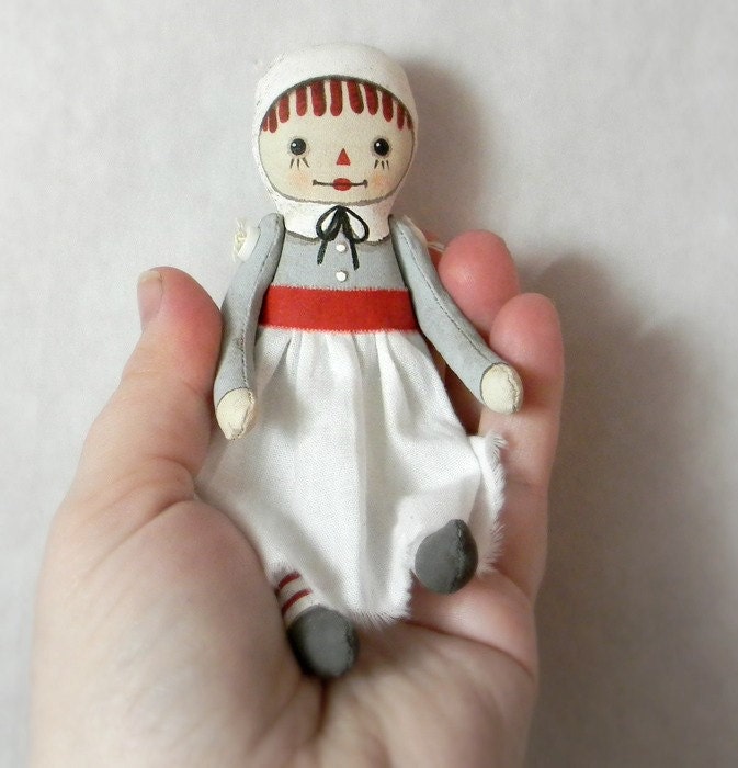 Tiny Raggedy Ann-- Original Hand Painted Folk Art Doll Ornament-- Made to order within a week