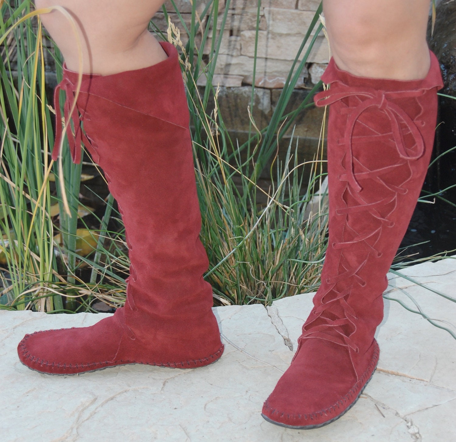 Elf Boots Handmade Moccasins Knee high Burgundy suede w/rubber soles Order your size