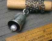 Sterling Silver Antique Thimble Bell Thimbell Pearl Necklace on Sterling Cable Chain Decorative Number 11