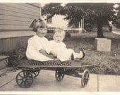 Vintage Photo Little Girl and Baby brother in S&W Roller Coaster WAgon