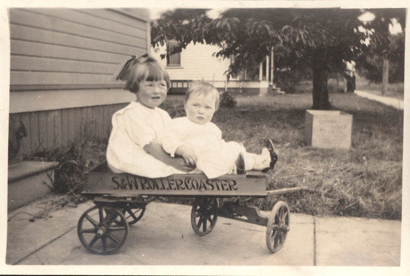 Vintage Photo Little Girl and Baby brother in S&W Roller Coaster WAgon