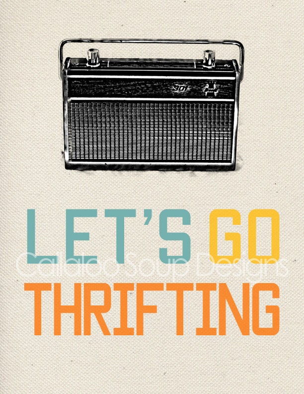 Printable Poster  Let's Go Thrifting Vintage Transistor Radio Image Light Kraft Background in Letter Size