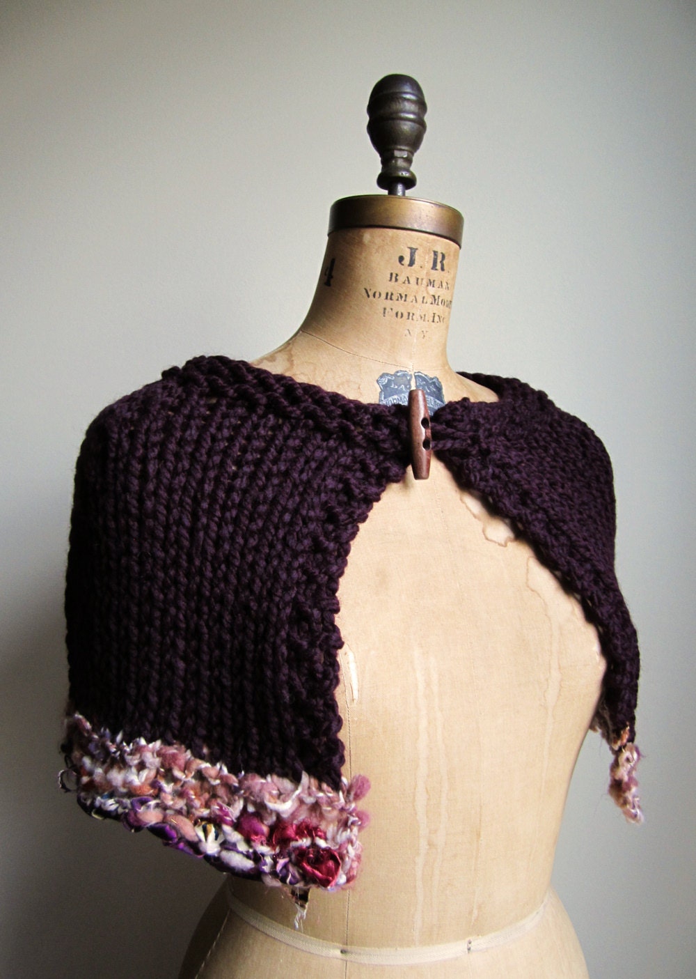 Bohemian knit Art cape Plum. Cream. READY to Ship