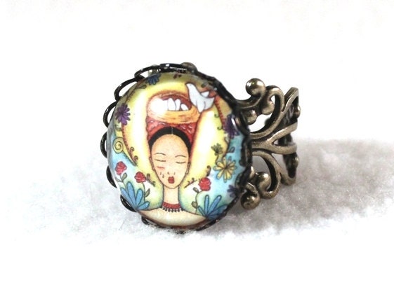 Bronze Filigree Ring, Mexican Girl Art, Victorian Antique Gold Cocktail Ring, Fashion Jewelry, Original Art Print, Yellow