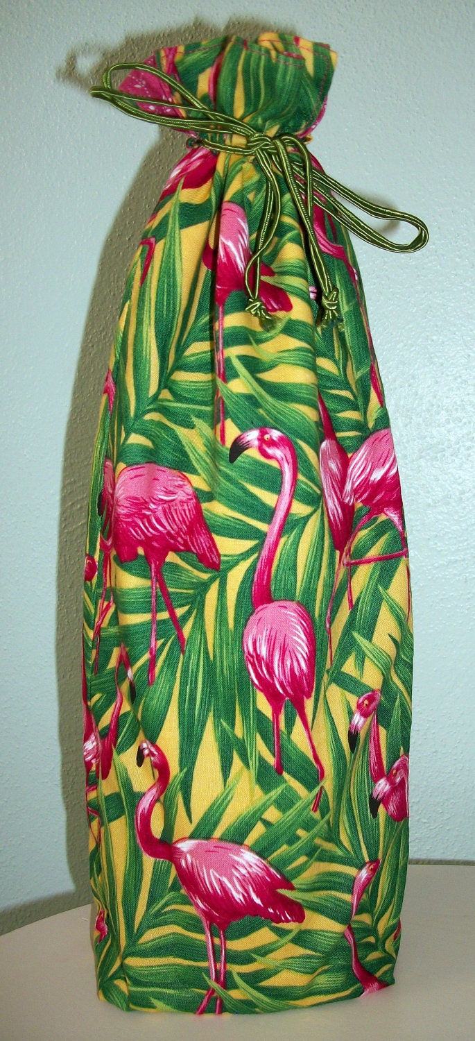 Pink Flamingo Wine Bottle Bag - Reversible - Drawstring - Reusable