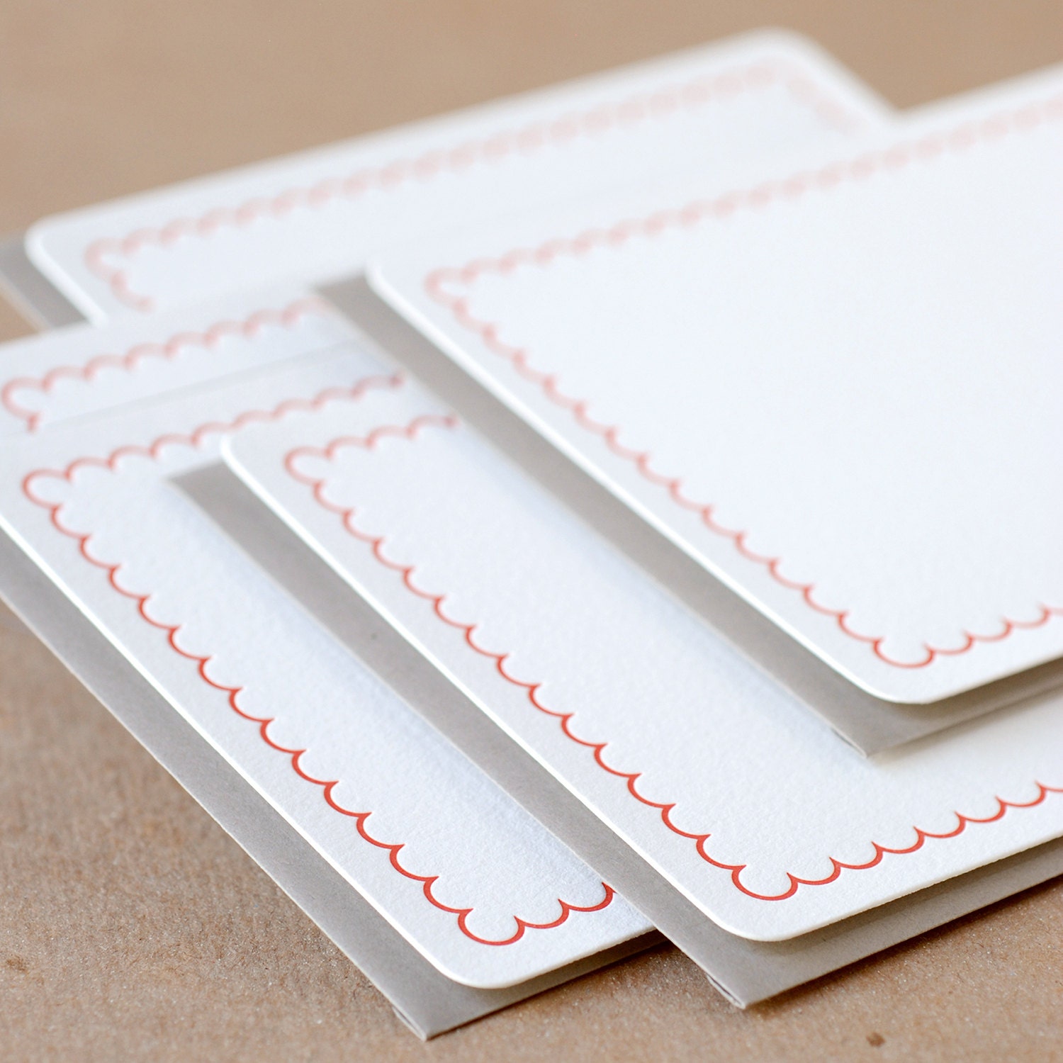 Letterpress Stationery : Fire Red Simple Scallop Notes, box set of 25 medium flat cards w envelope color choice