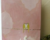 Our Strawberry Creme Sky (Large original painting yellow birds on a wire with baby)