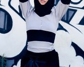 Up-Cycled Harajuku Fashion Sweater Dress in Ice Blue & Black Knit with Hoodie by Janice Louise Miller